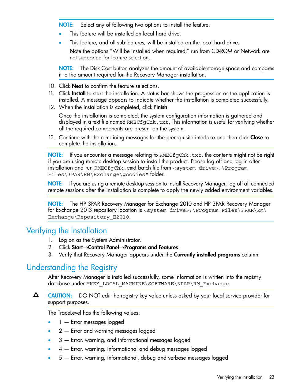 Verifying the installation, Understanding the registry | HP 3PAR Application Software Suite for Microsoft Exchange User Manual | Page 23 / 168