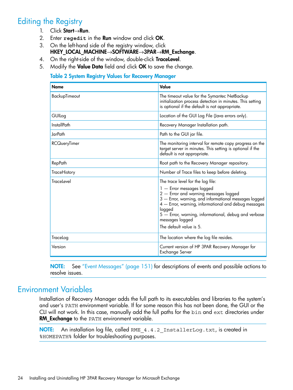 Editing the registry, Environment variables, Editing the registry environment variables | HP 3PAR Application Software Suite for Microsoft Exchange User Manual | Page 24 / 168