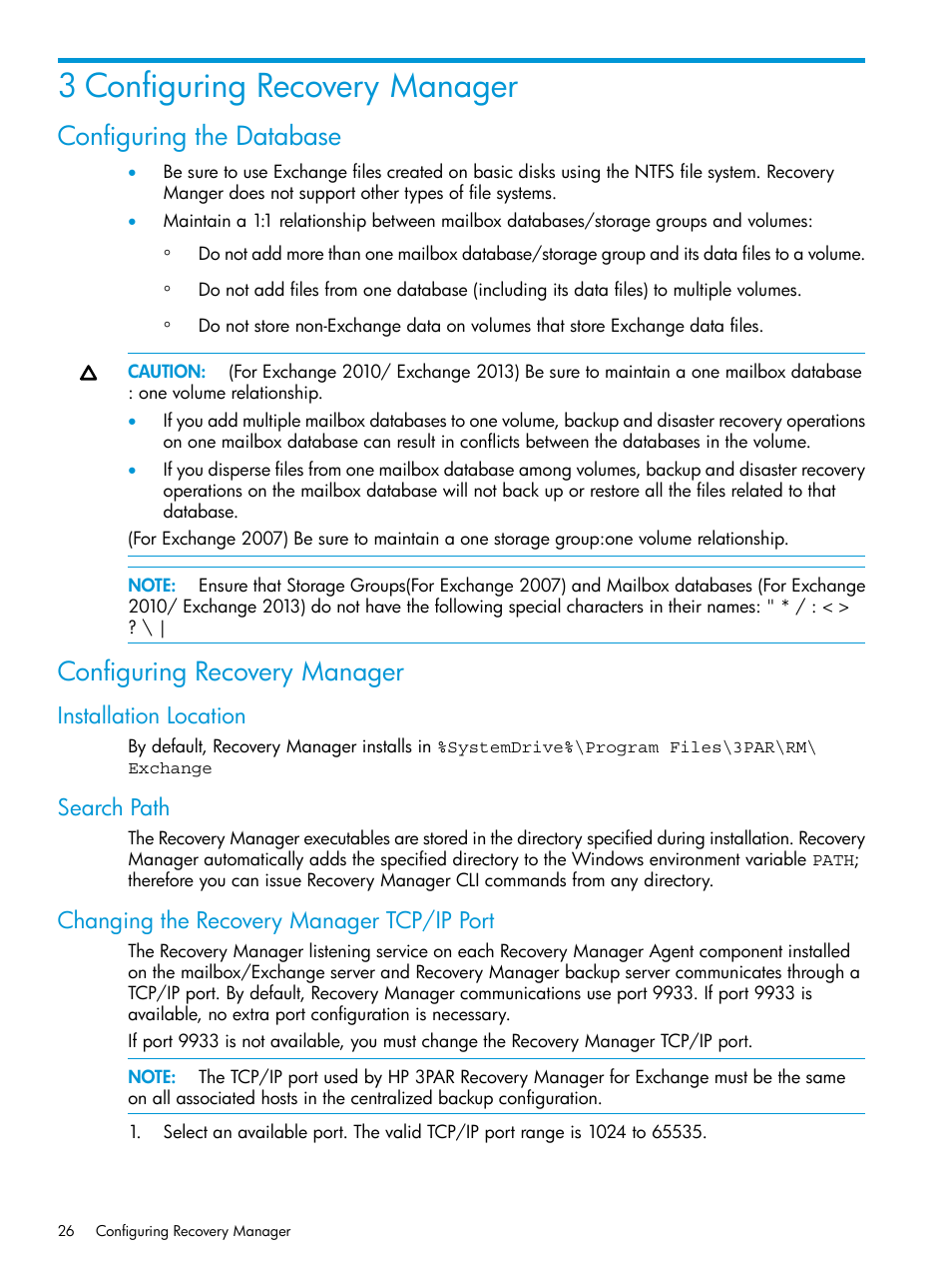 3 configuring recovery manager, Configuring the database, Configuring recovery manager | Installation location, Search path, Changing the recovery manager tcp/ip port | HP 3PAR Application Software Suite for Microsoft Exchange User Manual | Page 26 / 168