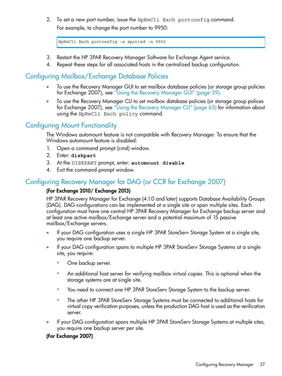 Configuring mailbox/exchange database policies, Configuring mount functionality | HP 3PAR Application Software Suite for Microsoft Exchange User Manual | Page 27 / 168