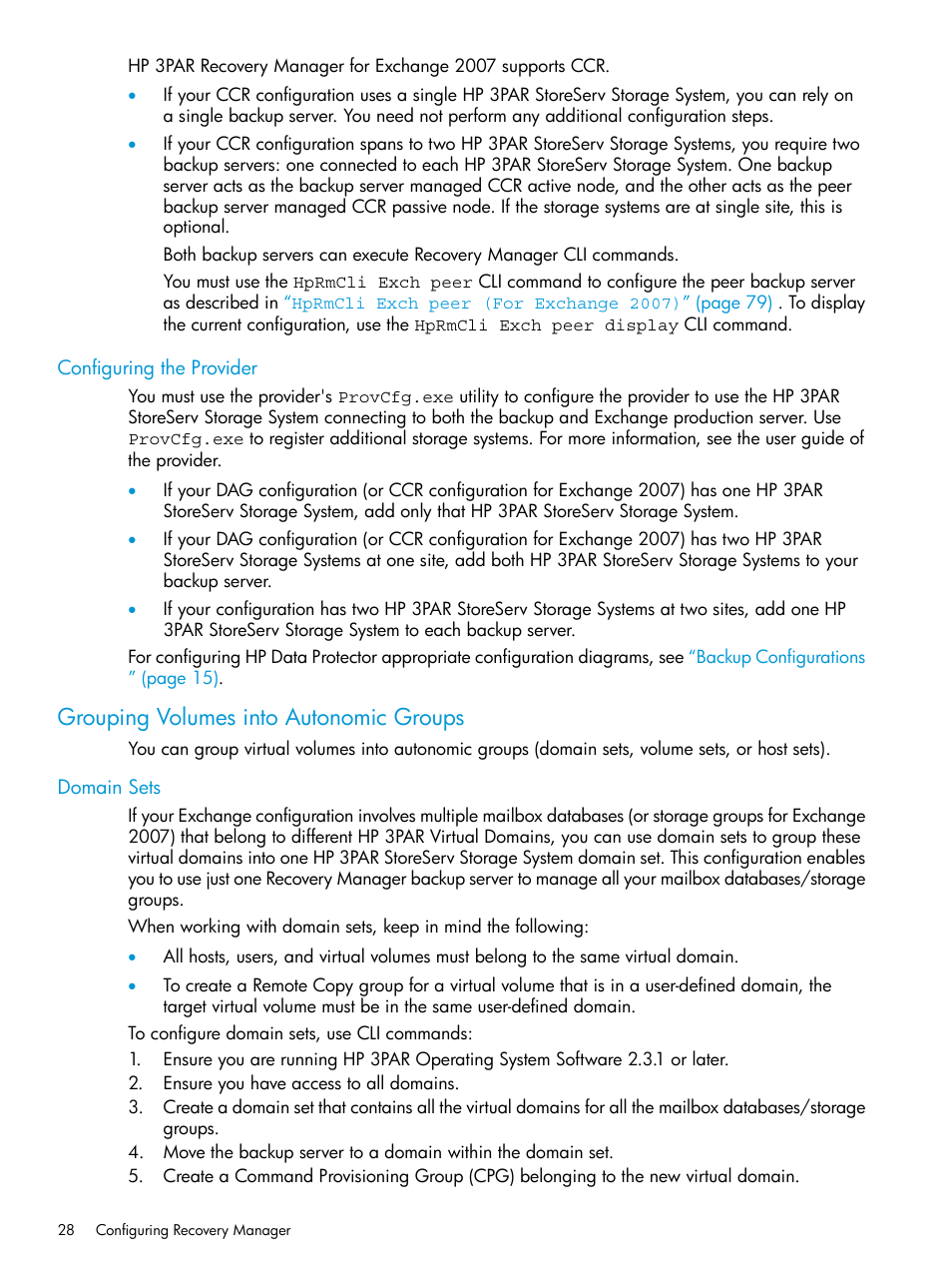 Configuring the provider, Grouping volumes into autonomic groups, Domain sets | HP 3PAR Application Software Suite for Microsoft Exchange User Manual | Page 28 / 168