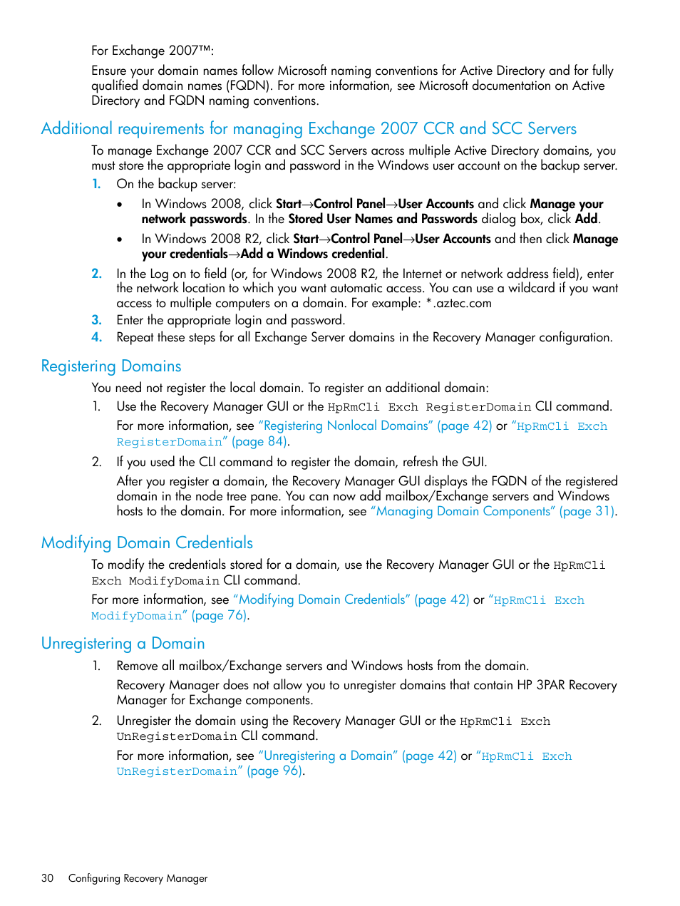 Registering domains, Modifying domain credentials, Unregistering a domain | HP 3PAR Application Software Suite for Microsoft Exchange User Manual | Page 30 / 168