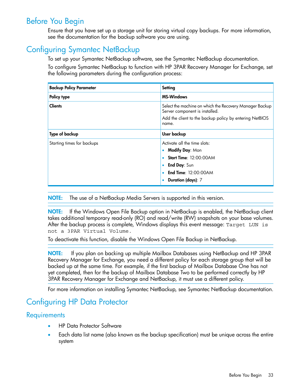 Before you begin, Configuring symantec netbackup, Configuring hp data protector | Requirements | HP 3PAR Application Software Suite for Microsoft Exchange User Manual | Page 33 / 168