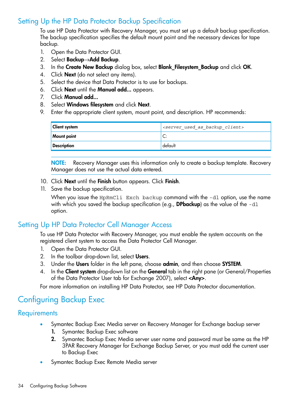 Setting up hp data protector cell manager access, Configuring backup exec, Requirements | HP 3PAR Application Software Suite for Microsoft Exchange User Manual | Page 34 / 168