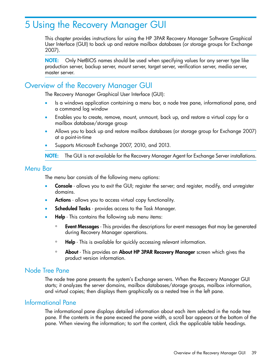 5 using the recovery manager gui, Overview of the recovery manager gui, Menu bar | Node tree pane, Informational pane, Menu bar node tree pane informational pane | HP 3PAR Application Software Suite for Microsoft Exchange User Manual | Page 39 / 168