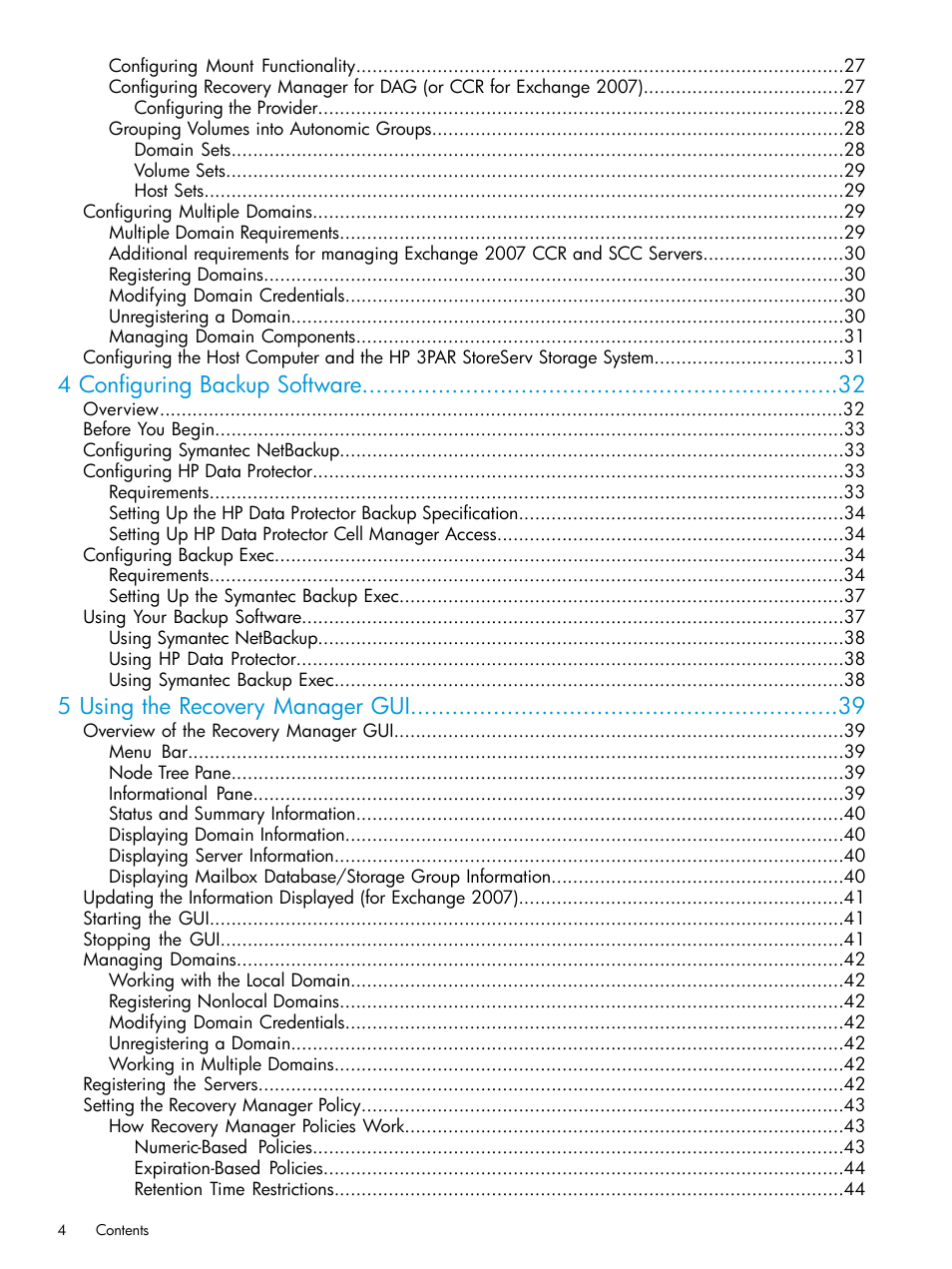 4 configuring backup software, 5 using the recovery manager gui | HP 3PAR Application Software Suite for Microsoft Exchange User Manual | Page 4 / 168