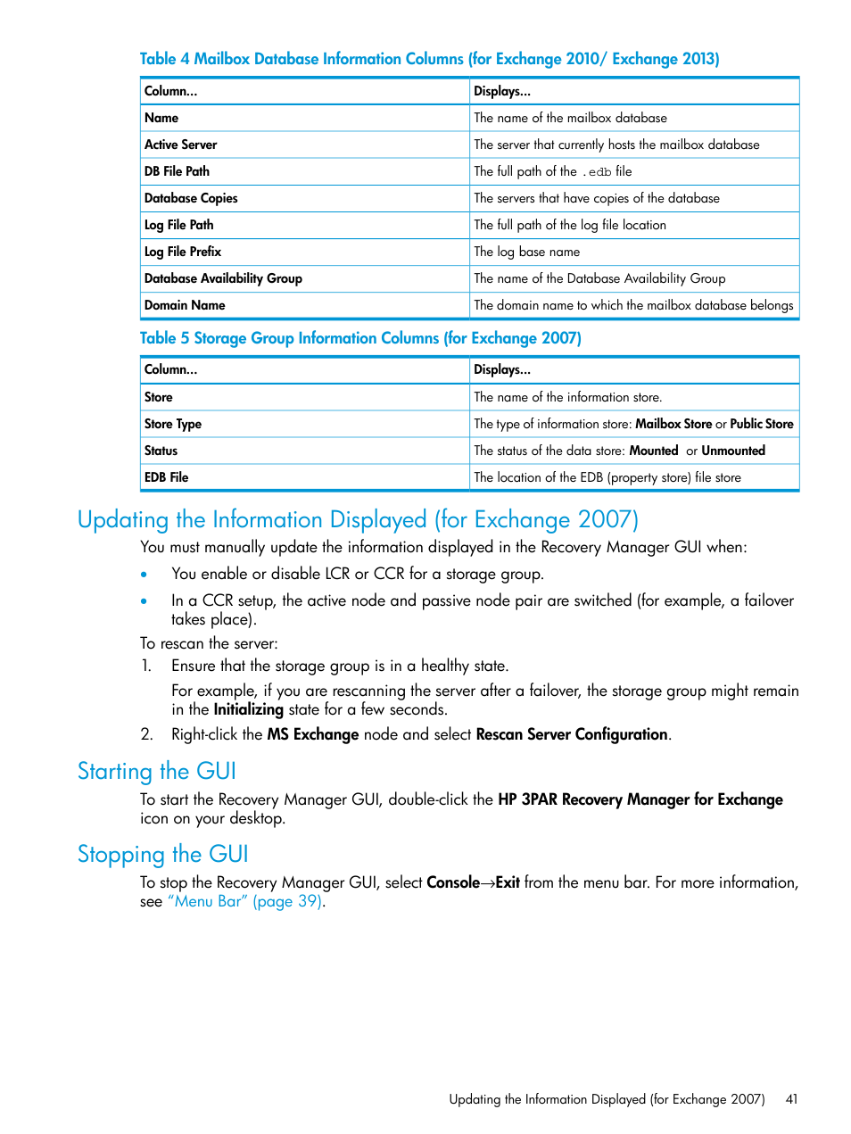 Starting the gui, Stopping the gui | HP 3PAR Application Software Suite for Microsoft Exchange User Manual | Page 41 / 168