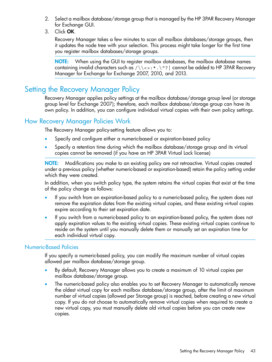 Setting the recovery manager policy, How recovery manager policies work, Numeric-based policies | HP 3PAR Application Software Suite for Microsoft Exchange User Manual | Page 43 / 168