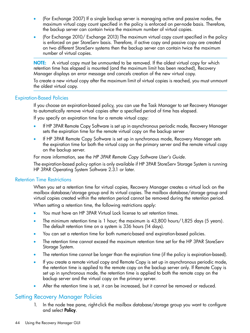 Expiration-based policies, Retention time restrictions, Setting recovery manager policies | HP 3PAR Application Software Suite for Microsoft Exchange User Manual | Page 44 / 168