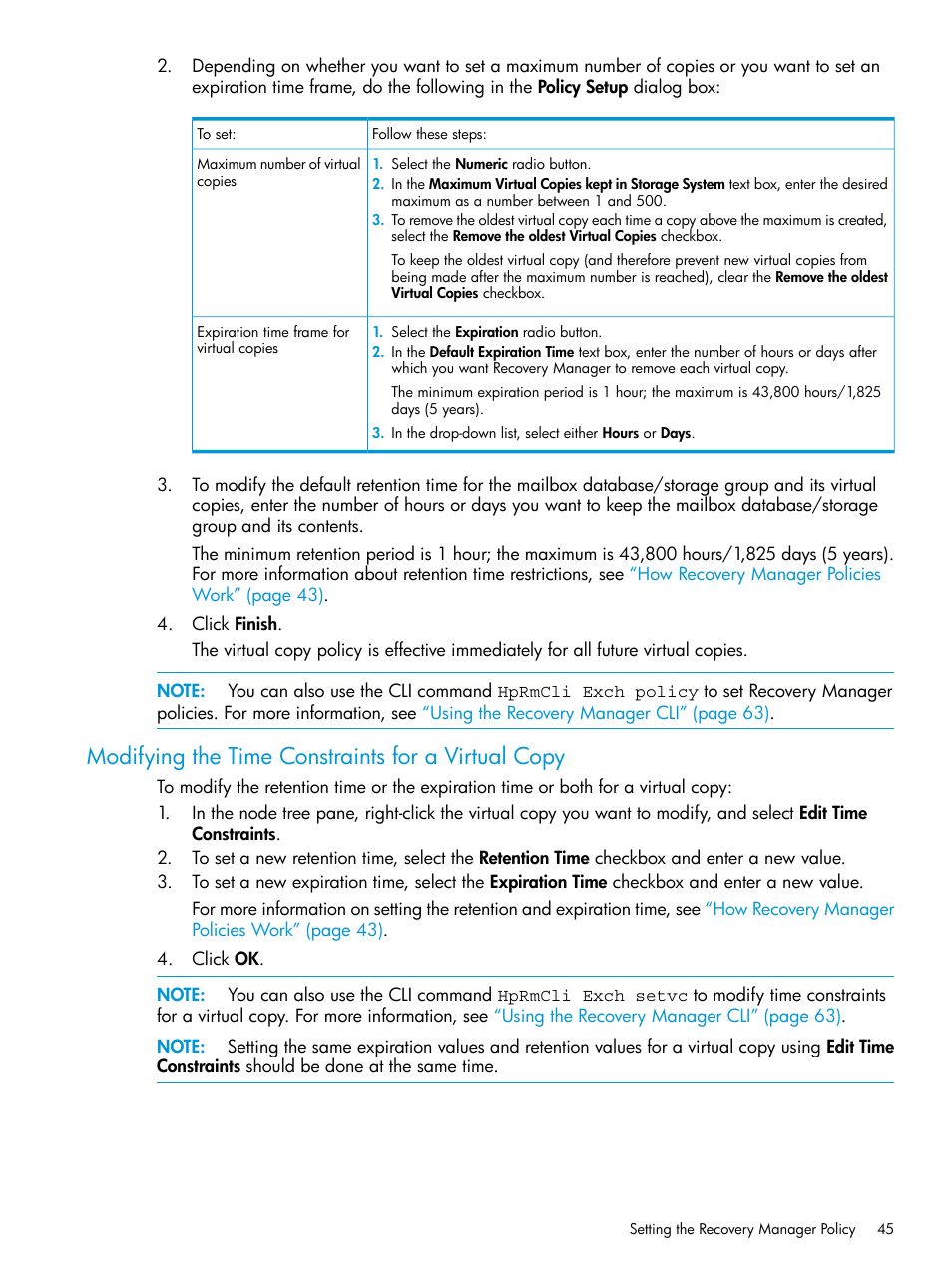 Modifying the time constraints for a virtual copy | HP 3PAR Application Software Suite for Microsoft Exchange User Manual | Page 45 / 168