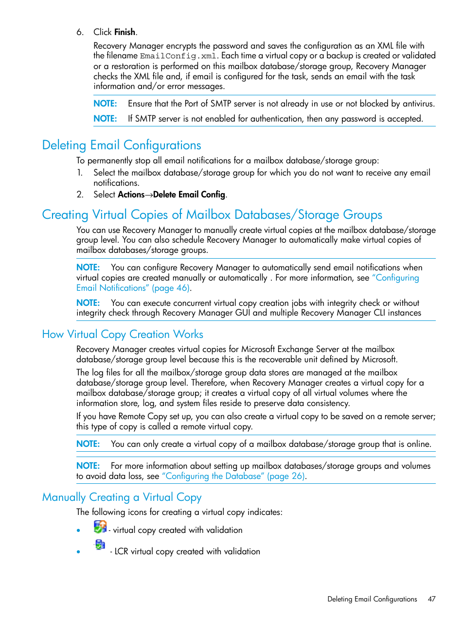 Deleting email configurations, How virtual copy creation works, Manually creating a virtual copy | HP 3PAR Application Software Suite for Microsoft Exchange User Manual | Page 47 / 168