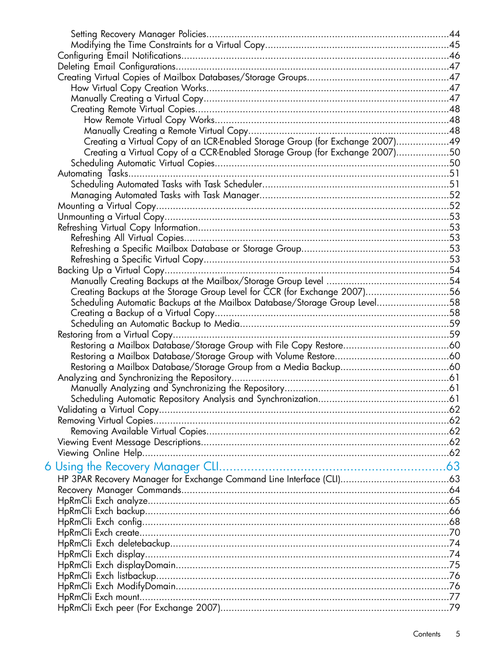 6 using the recovery manager cli | HP 3PAR Application Software Suite for Microsoft Exchange User Manual | Page 5 / 168