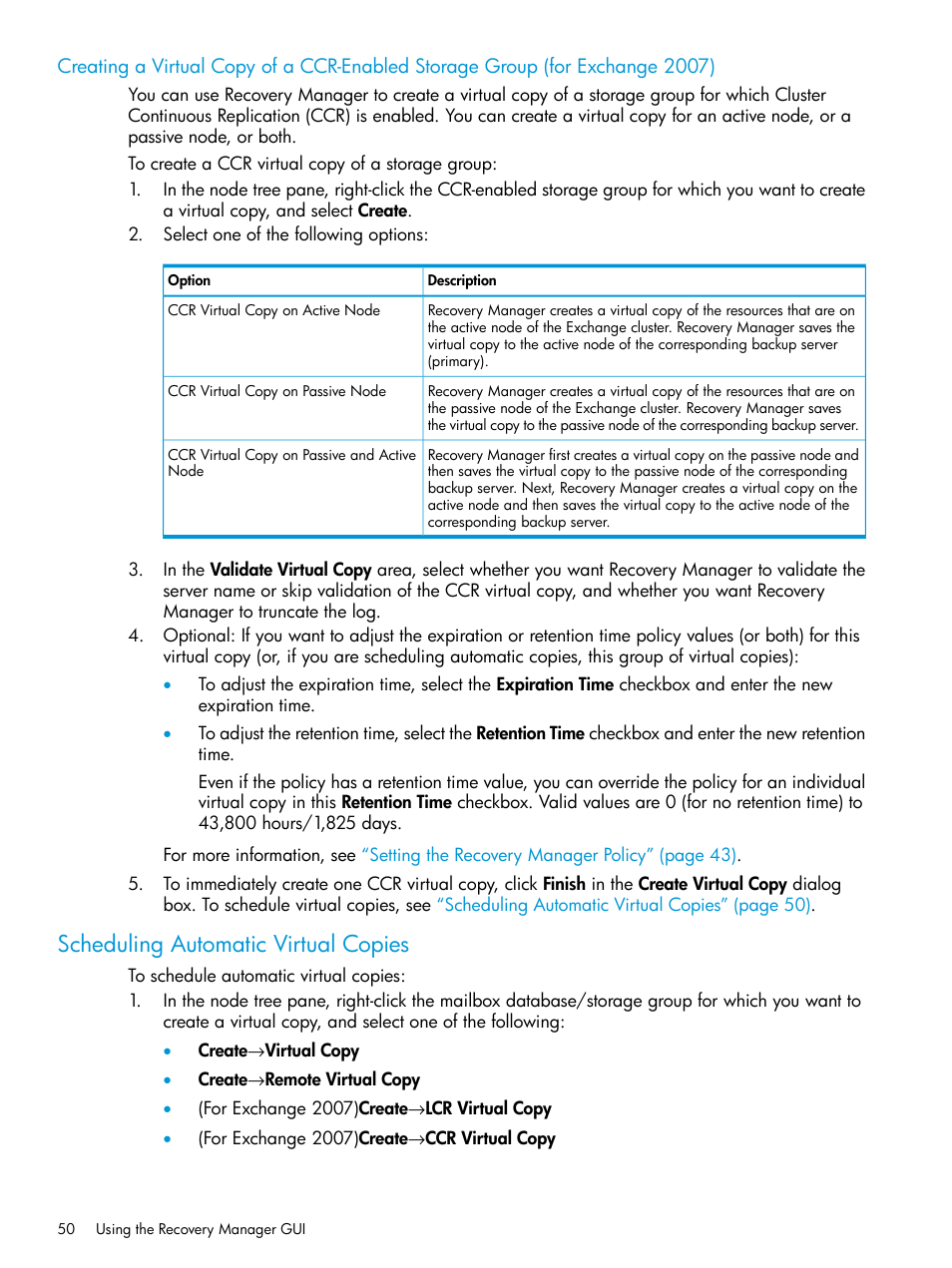 Scheduling automatic virtual copies | HP 3PAR Application Software Suite for Microsoft Exchange User Manual | Page 50 / 168