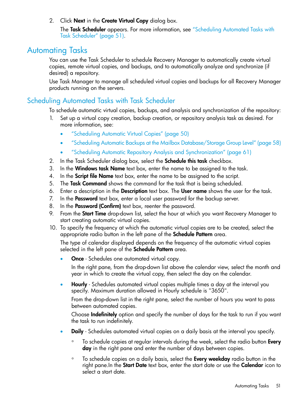 Automating tasks, Scheduling automated tasks with task scheduler | HP 3PAR Application Software Suite for Microsoft Exchange User Manual | Page 51 / 168