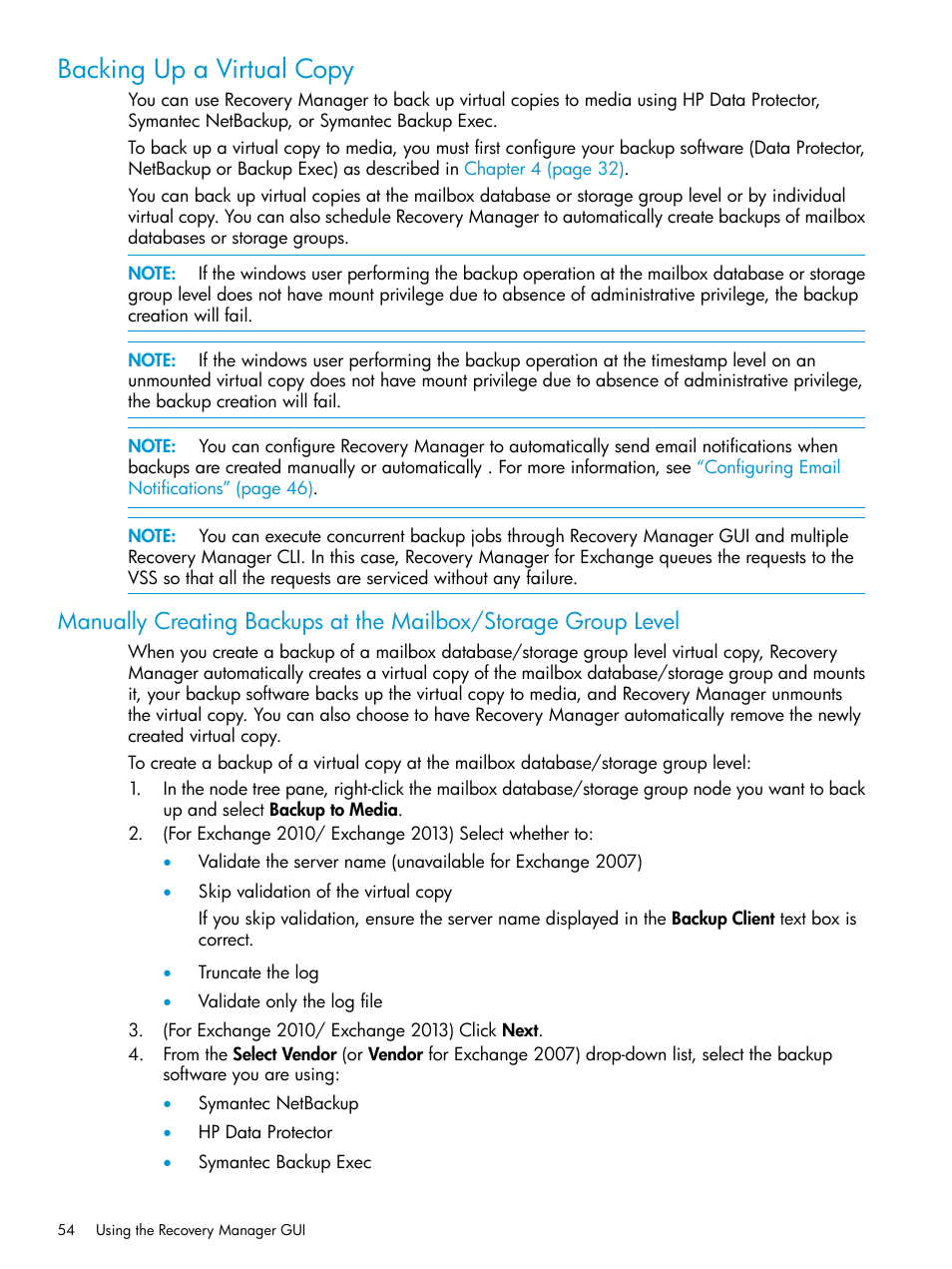 Backing up a virtual copy | HP 3PAR Application Software Suite for Microsoft Exchange User Manual | Page 54 / 168