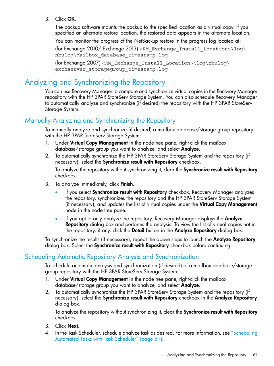 Analyzing and synchronizing the repository | HP 3PAR Application Software Suite for Microsoft Exchange User Manual | Page 61 / 168