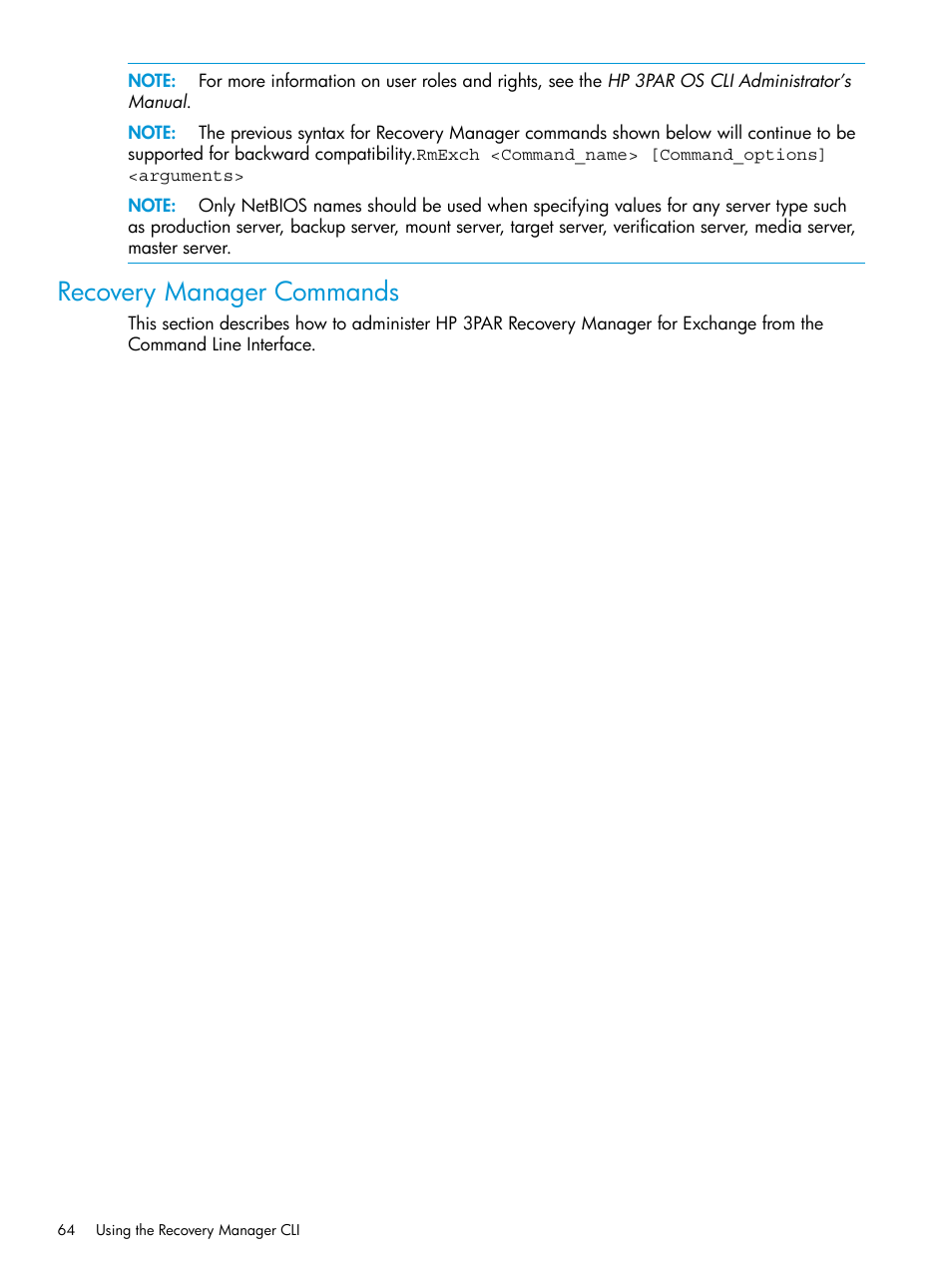 Recovery manager commands | HP 3PAR Application Software Suite for Microsoft Exchange User Manual | Page 64 / 168