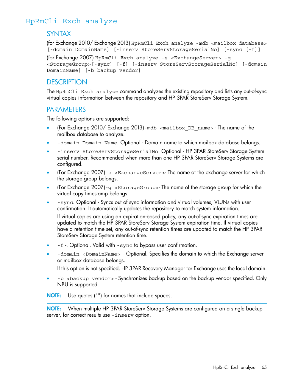 Hprmcli exch analyze, Syntax, Description | Parameters | HP 3PAR Application Software Suite for Microsoft Exchange User Manual | Page 65 / 168