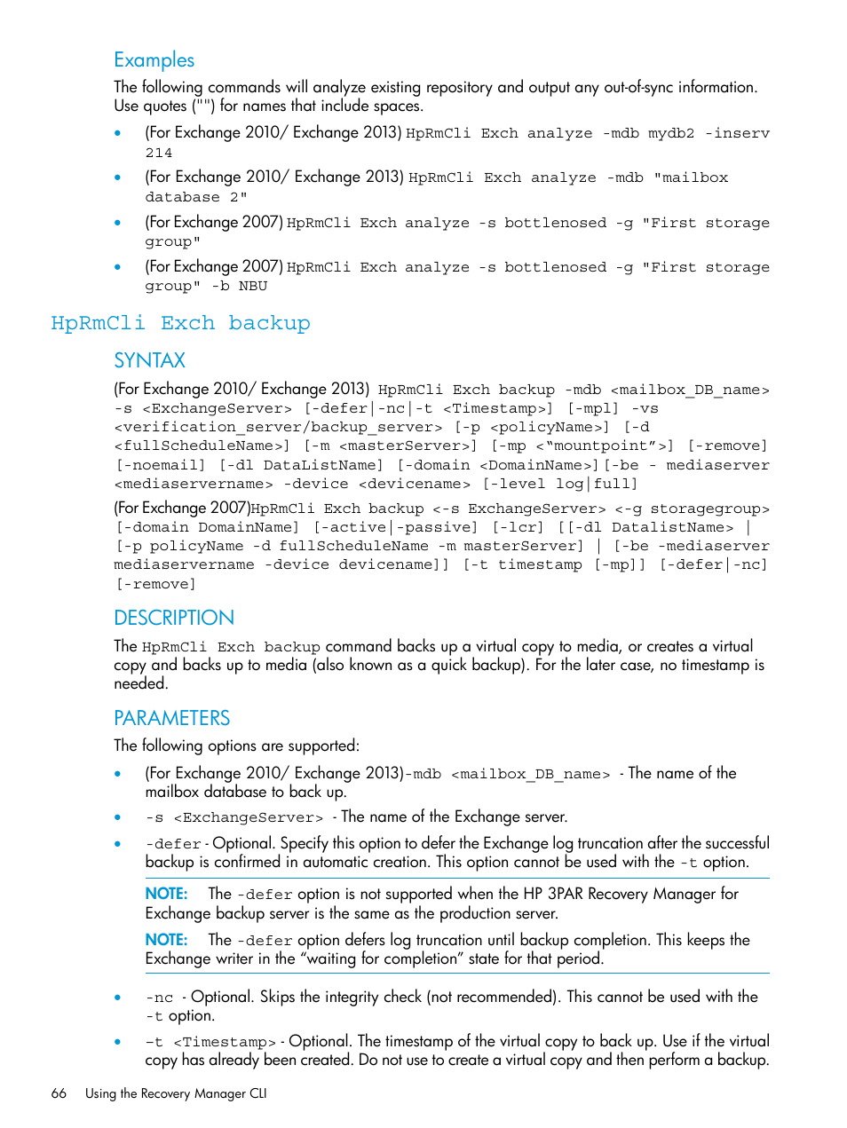 Hprmcli exch backup, Examples, Syntax | Description, Parameters | HP 3PAR Application Software Suite for Microsoft Exchange User Manual | Page 66 / 168