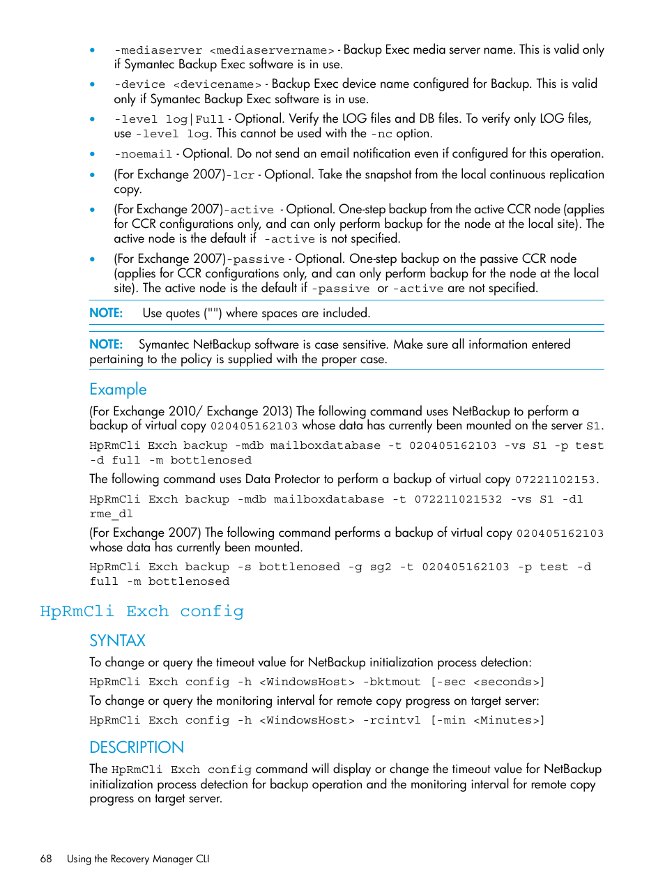 Hprmcli exch config, Example, Syntax | Description | HP 3PAR Application Software Suite for Microsoft Exchange User Manual | Page 68 / 168