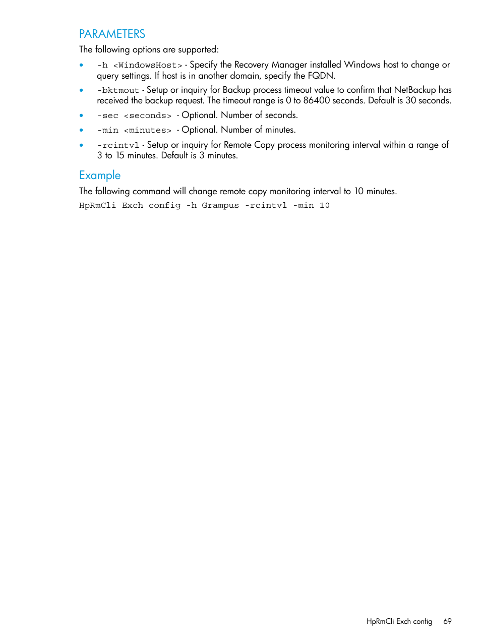 Parameters, Example | HP 3PAR Application Software Suite for Microsoft Exchange User Manual | Page 69 / 168