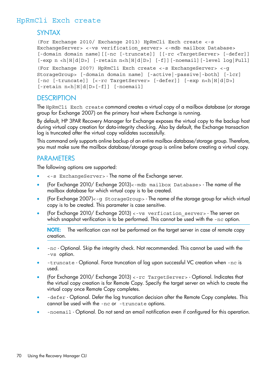 Hprmcli exch create, Syntax, Description | Parameters | HP 3PAR Application Software Suite for Microsoft Exchange User Manual | Page 70 / 168