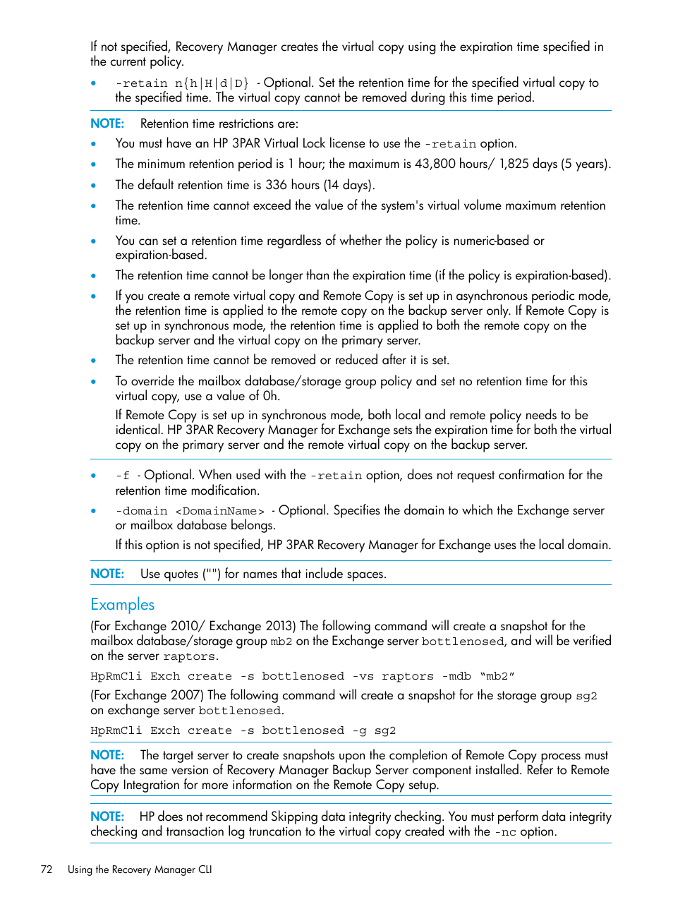 Examples | HP 3PAR Application Software Suite for Microsoft Exchange User Manual | Page 72 / 168
