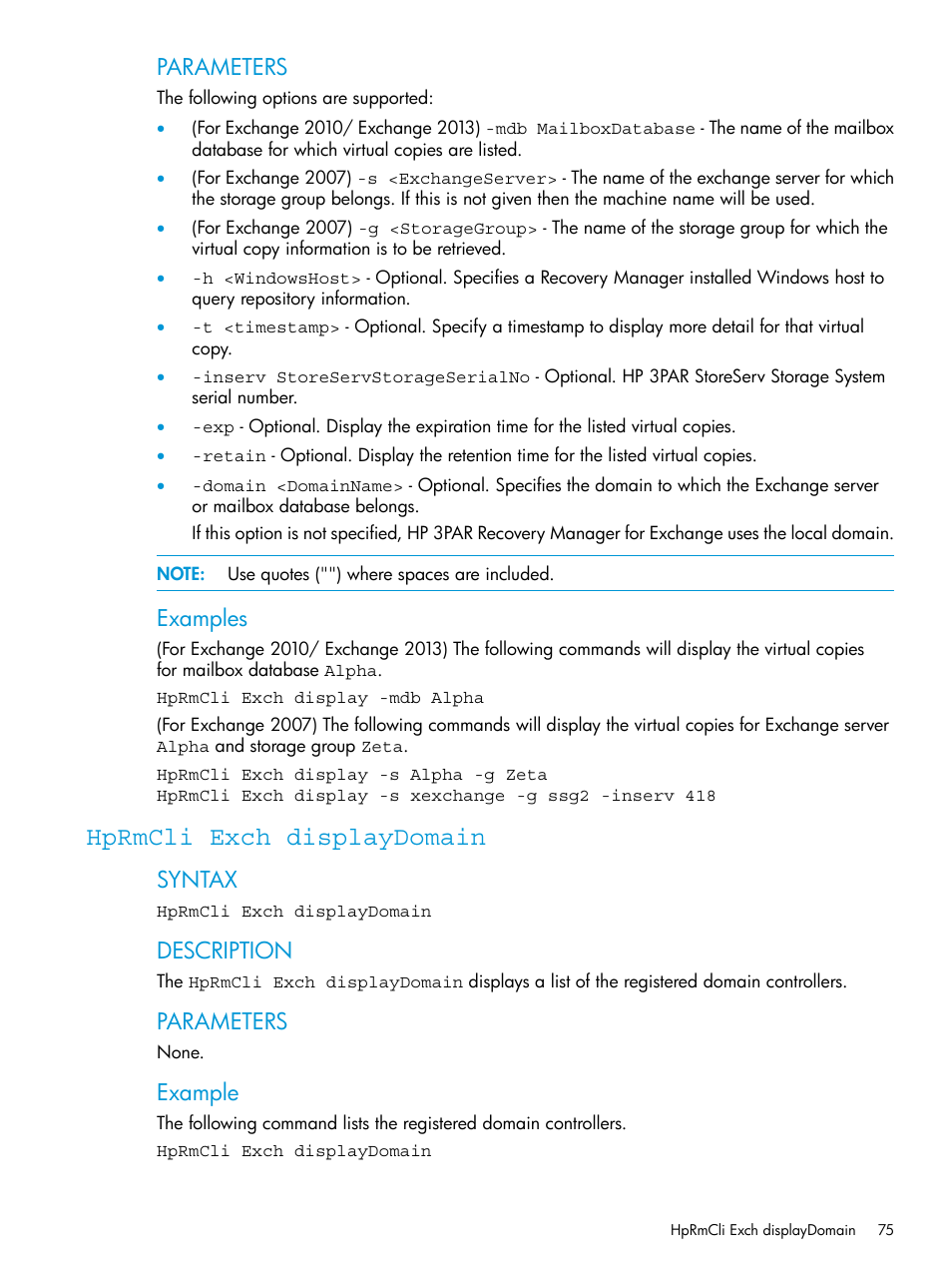 Hprmcli exch displaydomain, Parameters, Examples | Syntax, Description, Example | HP 3PAR Application Software Suite for Microsoft Exchange User Manual | Page 75 / 168