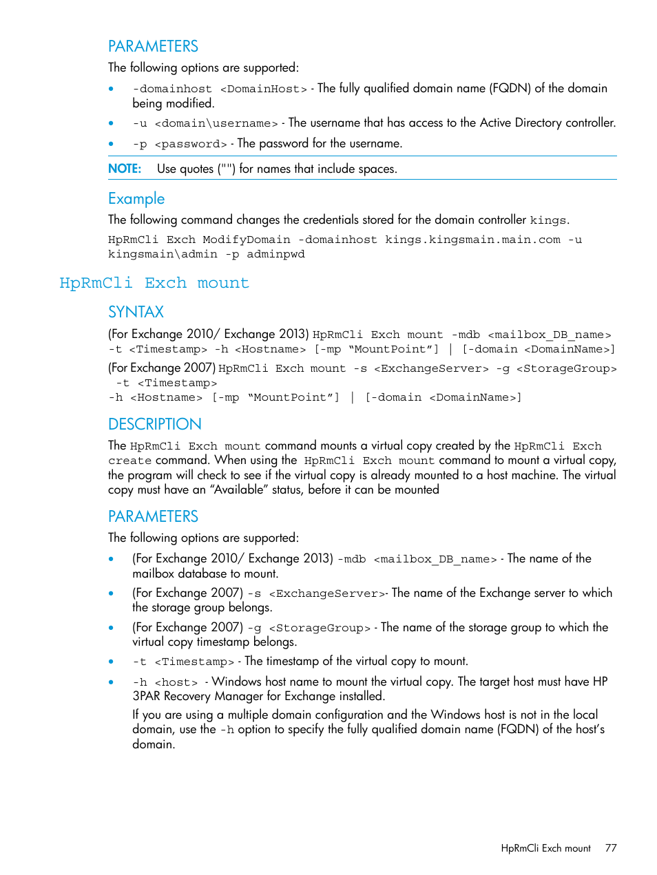 Hprmcli exch mount, Parameters, Example | Syntax, Description | HP 3PAR Application Software Suite for Microsoft Exchange User Manual | Page 77 / 168