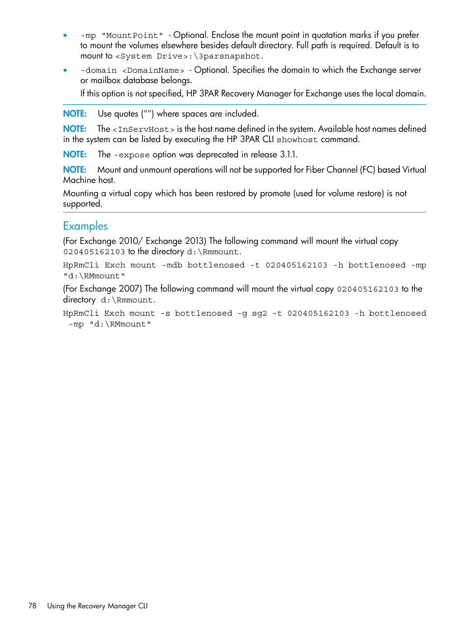 Examples | HP 3PAR Application Software Suite for Microsoft Exchange User Manual | Page 78 / 168