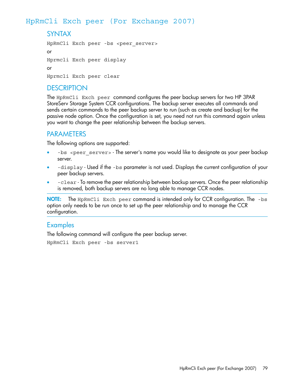 Hprmcli exch peer (for exchange 2007), Syntax, Description | Parameters, Examples | HP 3PAR Application Software Suite for Microsoft Exchange User Manual | Page 79 / 168