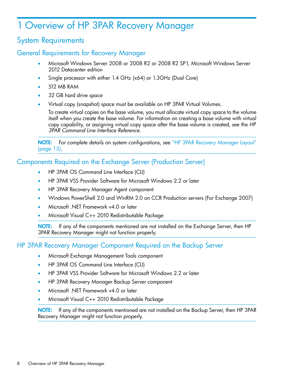 1 overview of hp 3par recovery manager, System requirements, General requirements for recovery manager | HP 3PAR Application Software Suite for Microsoft Exchange User Manual | Page 8 / 168