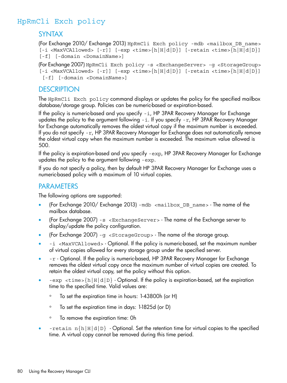 Hprmcli exch policy, Syntax, Description | Parameters | HP 3PAR Application Software Suite for Microsoft Exchange User Manual | Page 80 / 168