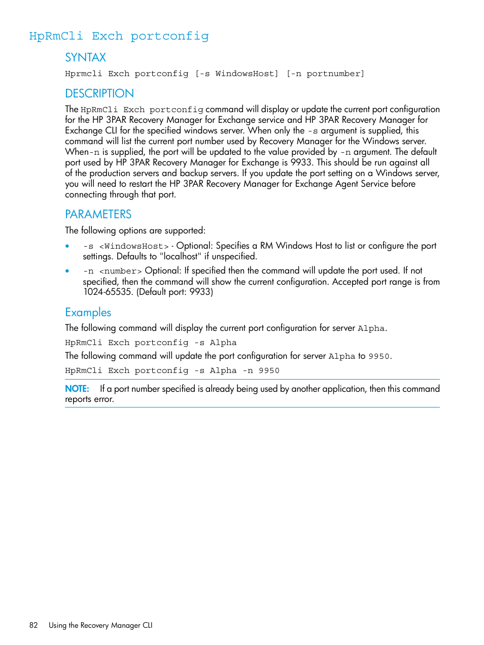 Hprmcli exch portconfig, Syntax, Description | Parameters, Examples | HP 3PAR Application Software Suite for Microsoft Exchange User Manual | Page 82 / 168