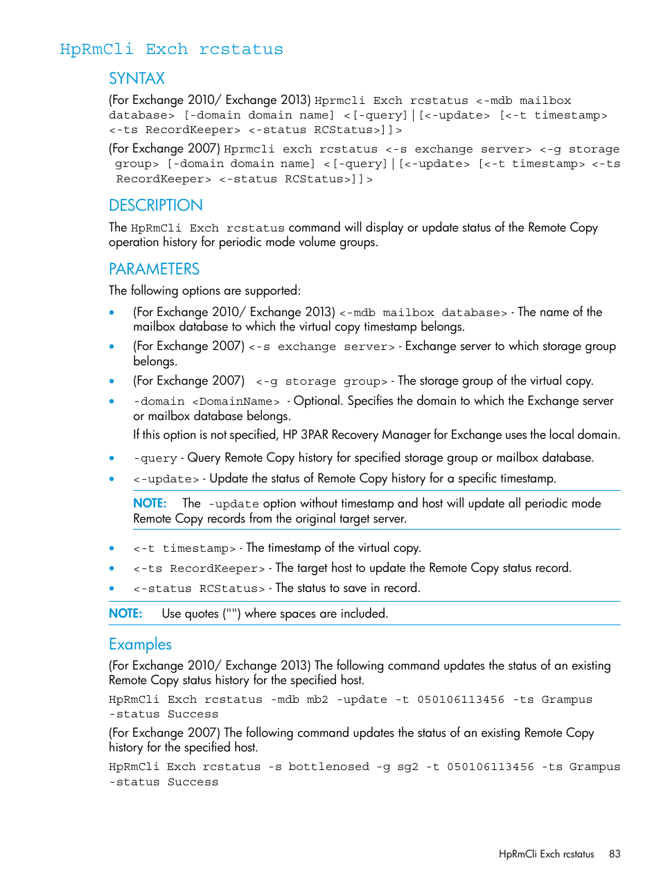 Hprmcli exch rcstatus, Syntax, Description | Parameters, Examples | HP 3PAR Application Software Suite for Microsoft Exchange User Manual | Page 83 / 168