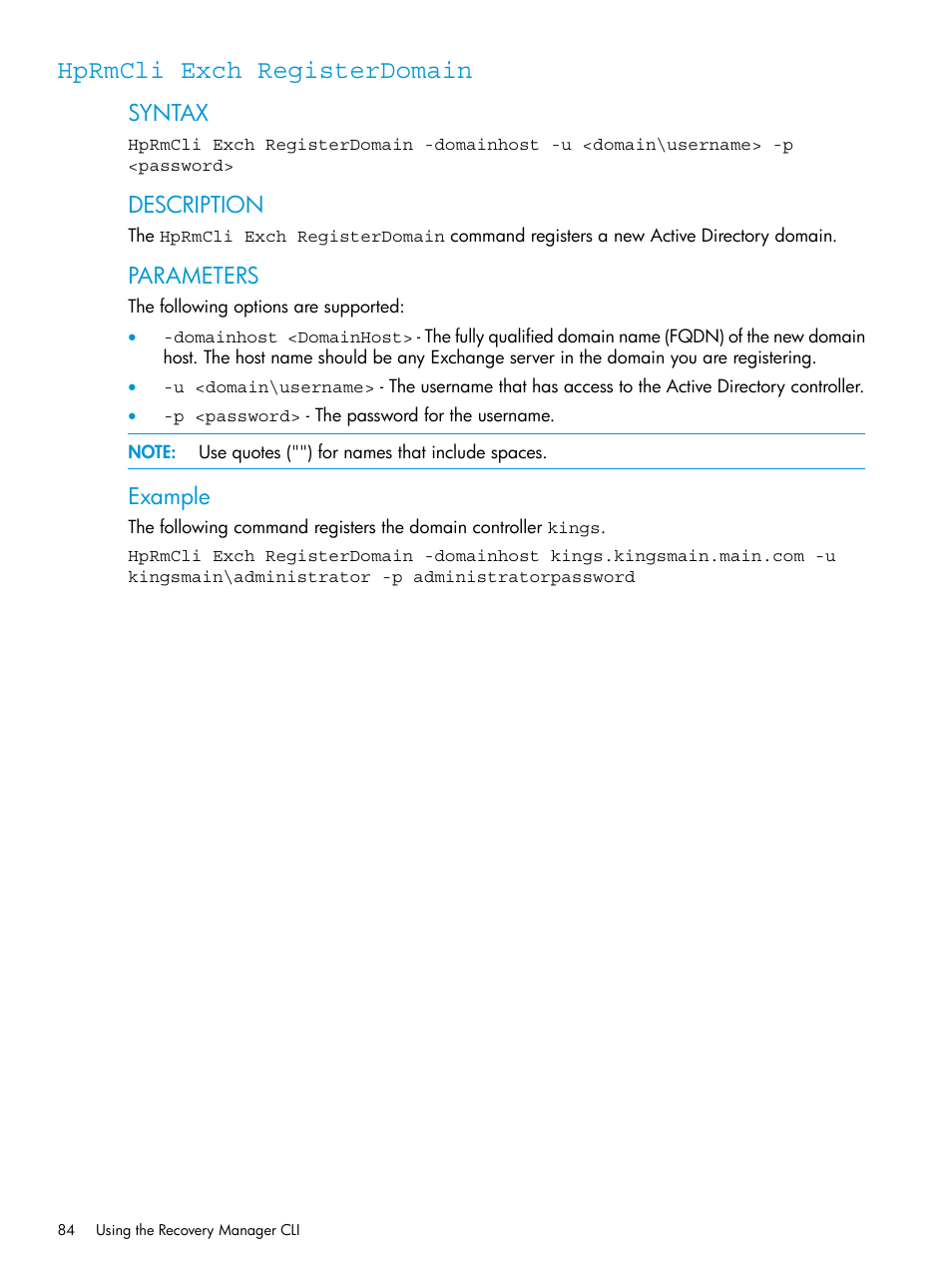 Hprmcli exch registerdomain, Hprmcli exch, Registerdomain | Syntax, Description, Parameters, Example | HP 3PAR Application Software Suite for Microsoft Exchange User Manual | Page 84 / 168