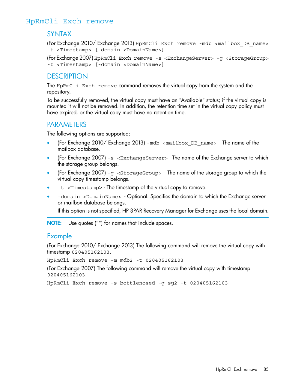 Hprmcli exch remove, Syntax, Description | Parameters, Example | HP 3PAR Application Software Suite for Microsoft Exchange User Manual | Page 85 / 168