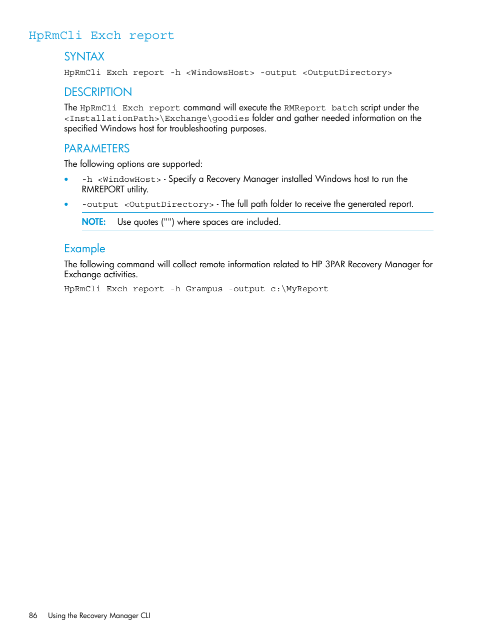 Hprmcli exch report, Syntax, Description | Parameters, Example | HP 3PAR Application Software Suite for Microsoft Exchange User Manual | Page 86 / 168
