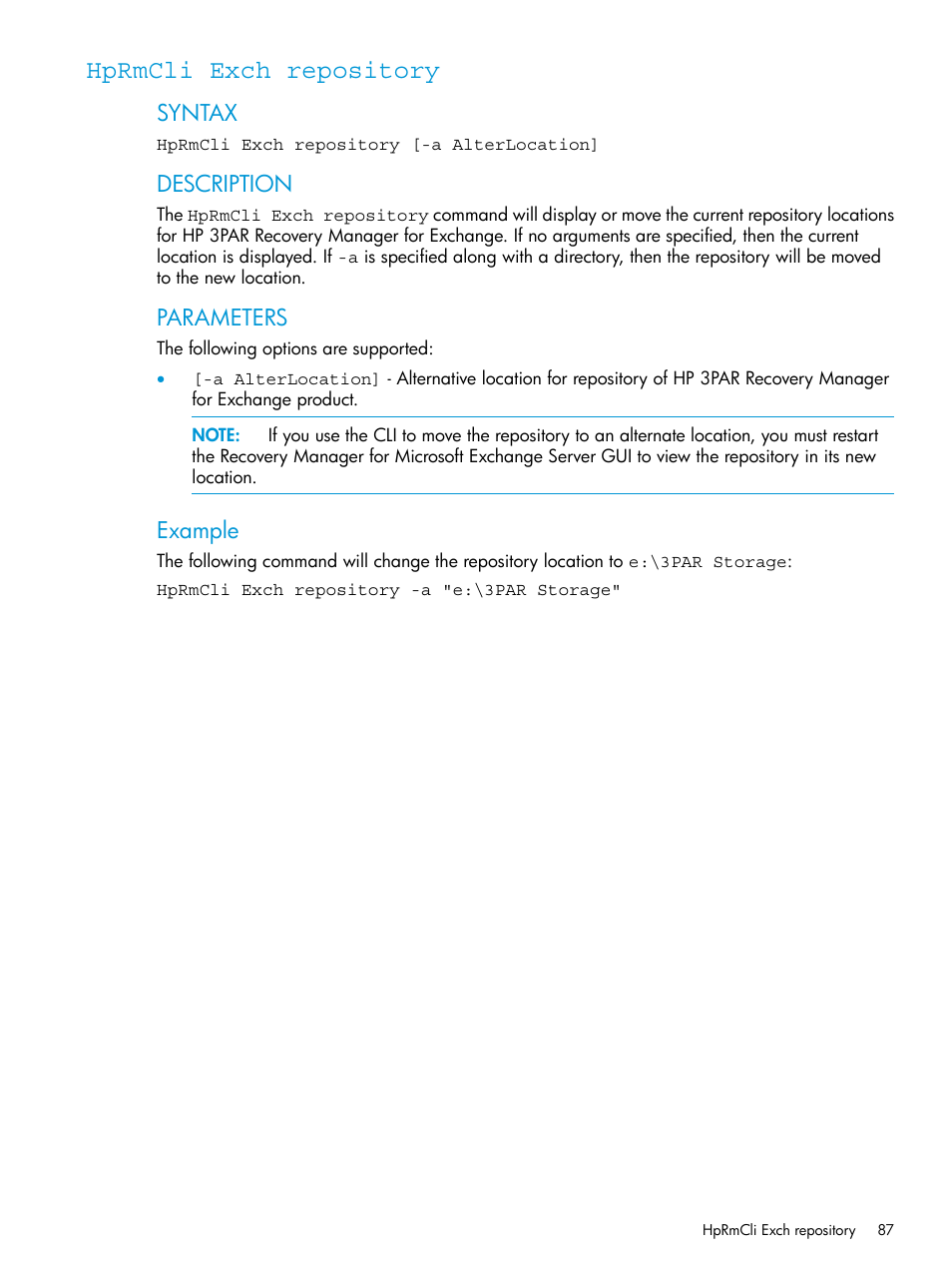 Hprmcli exch repository, Syntax, Description | Parameters, Example | HP 3PAR Application Software Suite for Microsoft Exchange User Manual | Page 87 / 168