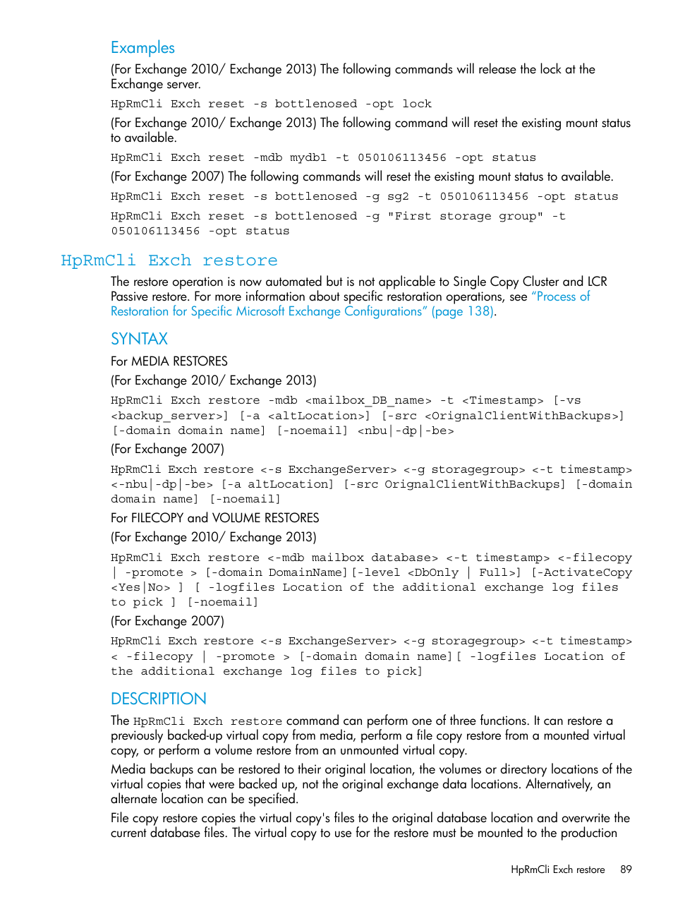 Hprmcli exch restore, Examples, Syntax | Description | HP 3PAR Application Software Suite for Microsoft Exchange User Manual | Page 89 / 168