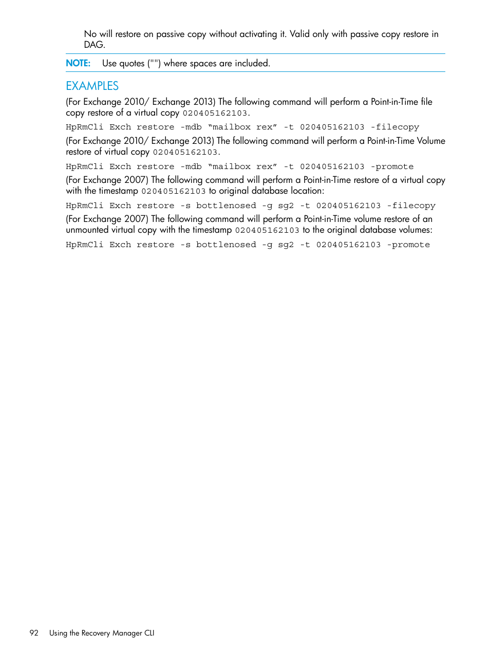 Examples | HP 3PAR Application Software Suite for Microsoft Exchange User Manual | Page 92 / 168