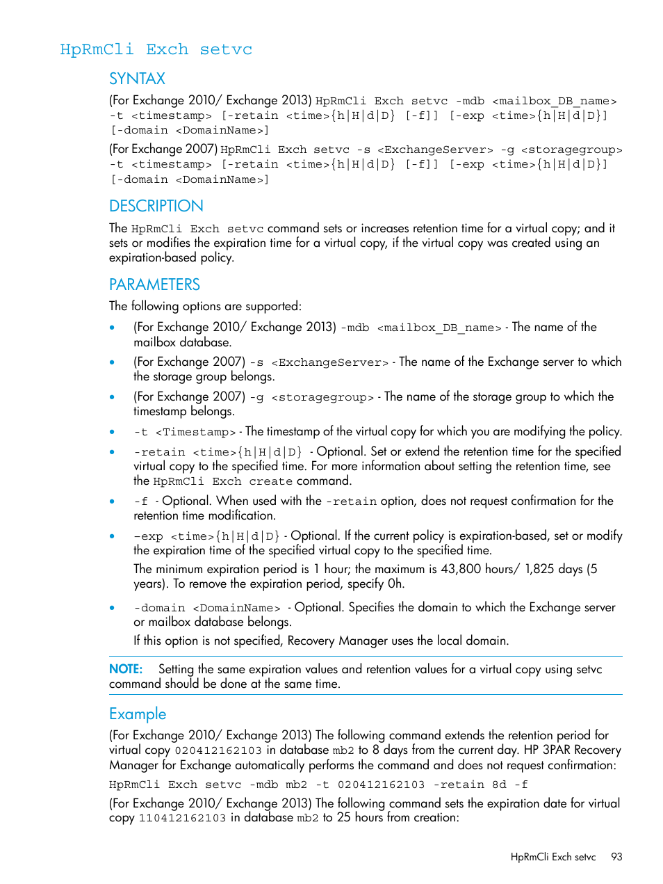 Hprmcli exch setvc, Syntax, Description | Parameters, Example | HP 3PAR Application Software Suite for Microsoft Exchange User Manual | Page 93 / 168