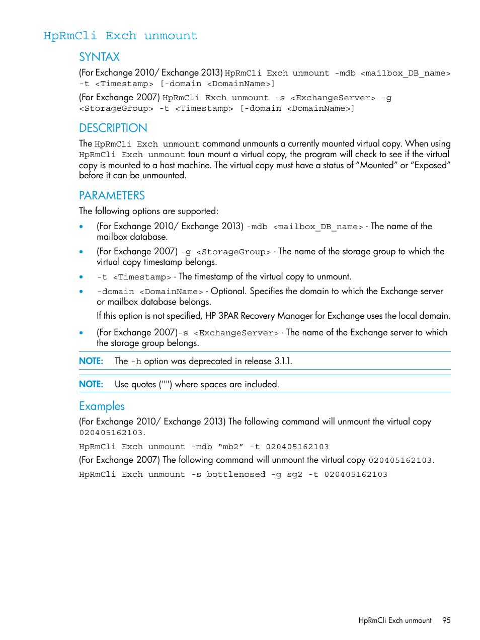 Hprmcli exch unmount, Syntax, Description | Parameters, Examples | HP 3PAR Application Software Suite for Microsoft Exchange User Manual | Page 95 / 168