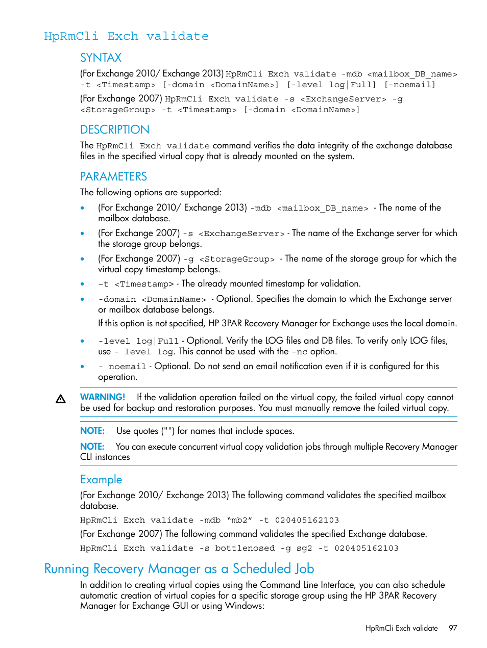 Hprmcli exch validate, Running recovery manager as a scheduled job, Syntax | Description, Parameters, Example | HP 3PAR Application Software Suite for Microsoft Exchange User Manual | Page 97 / 168