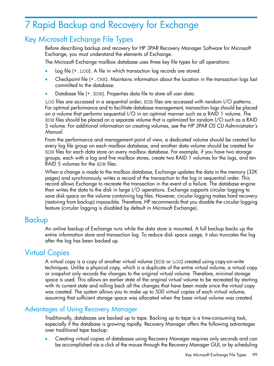 7 rapid backup and recovery for exchange, Key microsoft exchange file types, Backup | Virtual copies, Advantages of using recovery manager | HP 3PAR Application Software Suite for Microsoft Exchange User Manual | Page 99 / 168