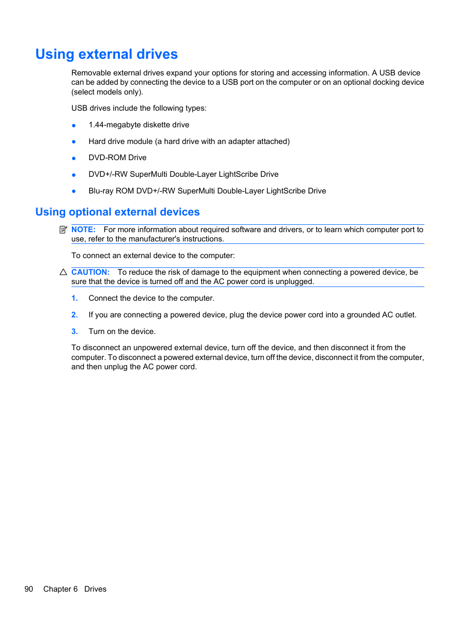 Using external drives, Using optional external devices | HP ProBook 4326s Notebook-PC User Manual | Page 102 / 192