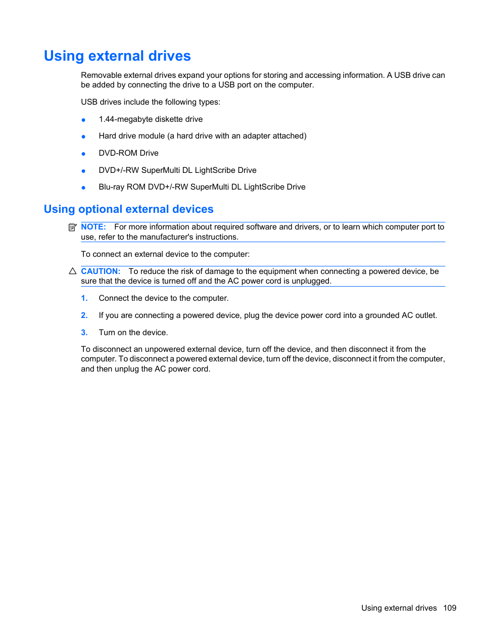 Using external drives, Using optional external devices | HP ProBook 4326s Notebook-PC User Manual | Page 121 / 192