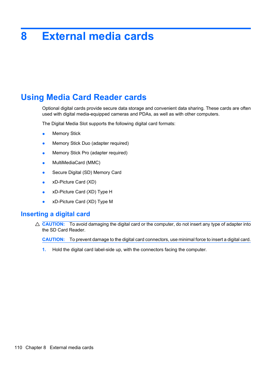 External media cards, Using media card reader cards, Inserting a digital card | 8 external media cards, 8external media cards | HP ProBook 4326s Notebook-PC User Manual | Page 122 / 192
