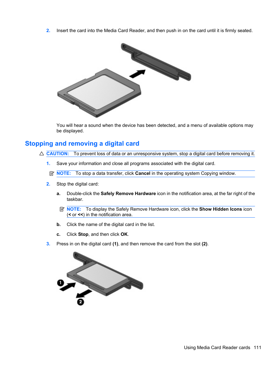 Stopping and removing a digital card | HP ProBook 4326s Notebook-PC User Manual | Page 123 / 192