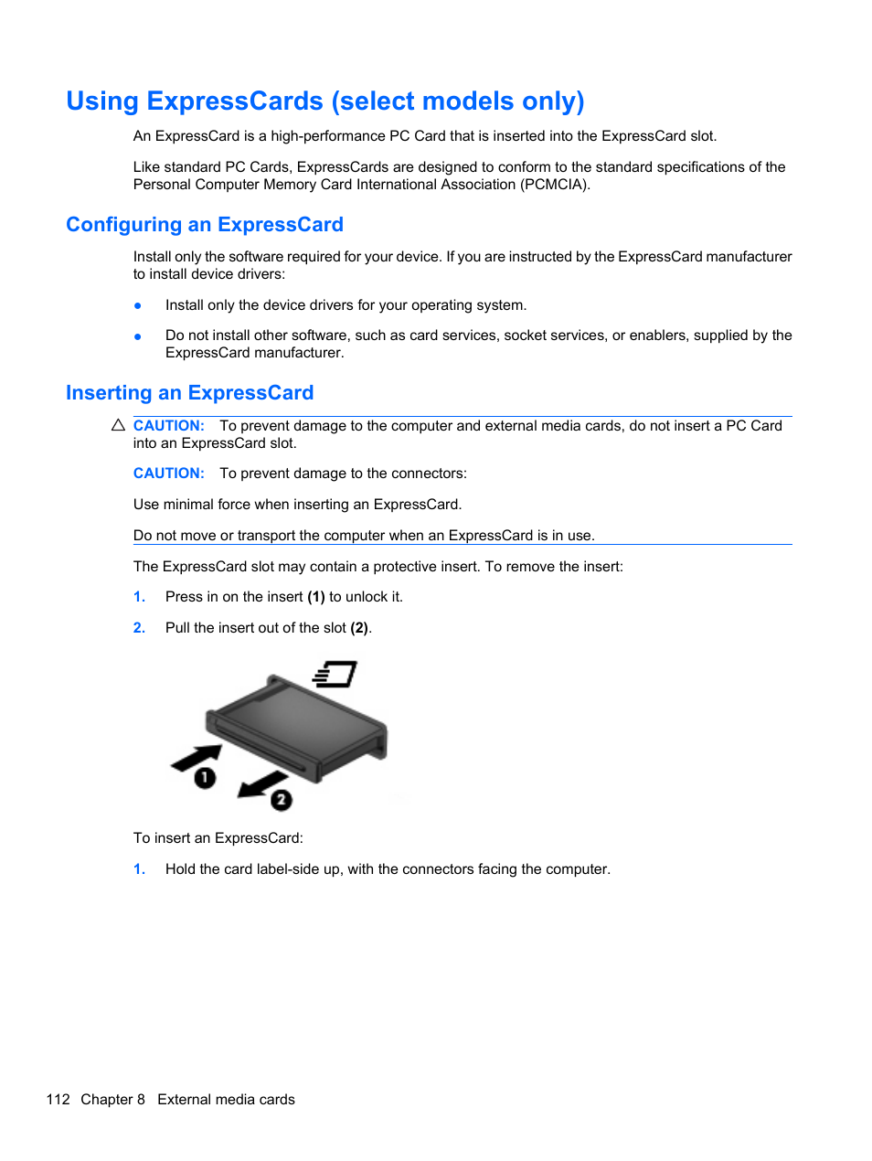 Using expresscards (select models only), Configuring an expresscard, Inserting an expresscard | HP ProBook 4326s Notebook-PC User Manual | Page 124 / 192